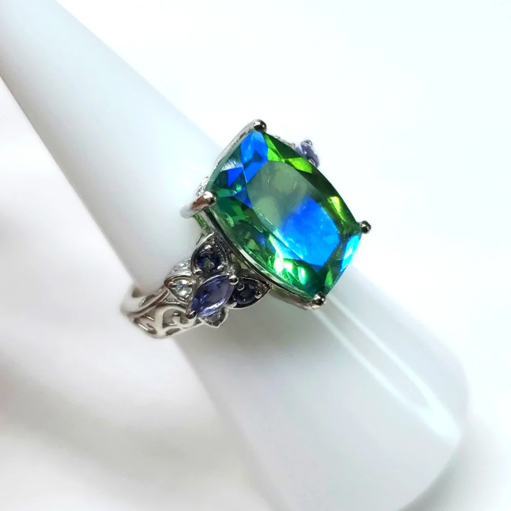 Peacock Triplet Quartz Butterfly Tanzanite Ring Platinum Sterling Silver